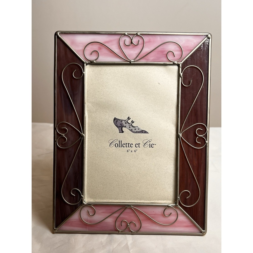 Collette et Cie Stained Glass Picture Frame Pink Purple Hearts 4x6 Photo Frame